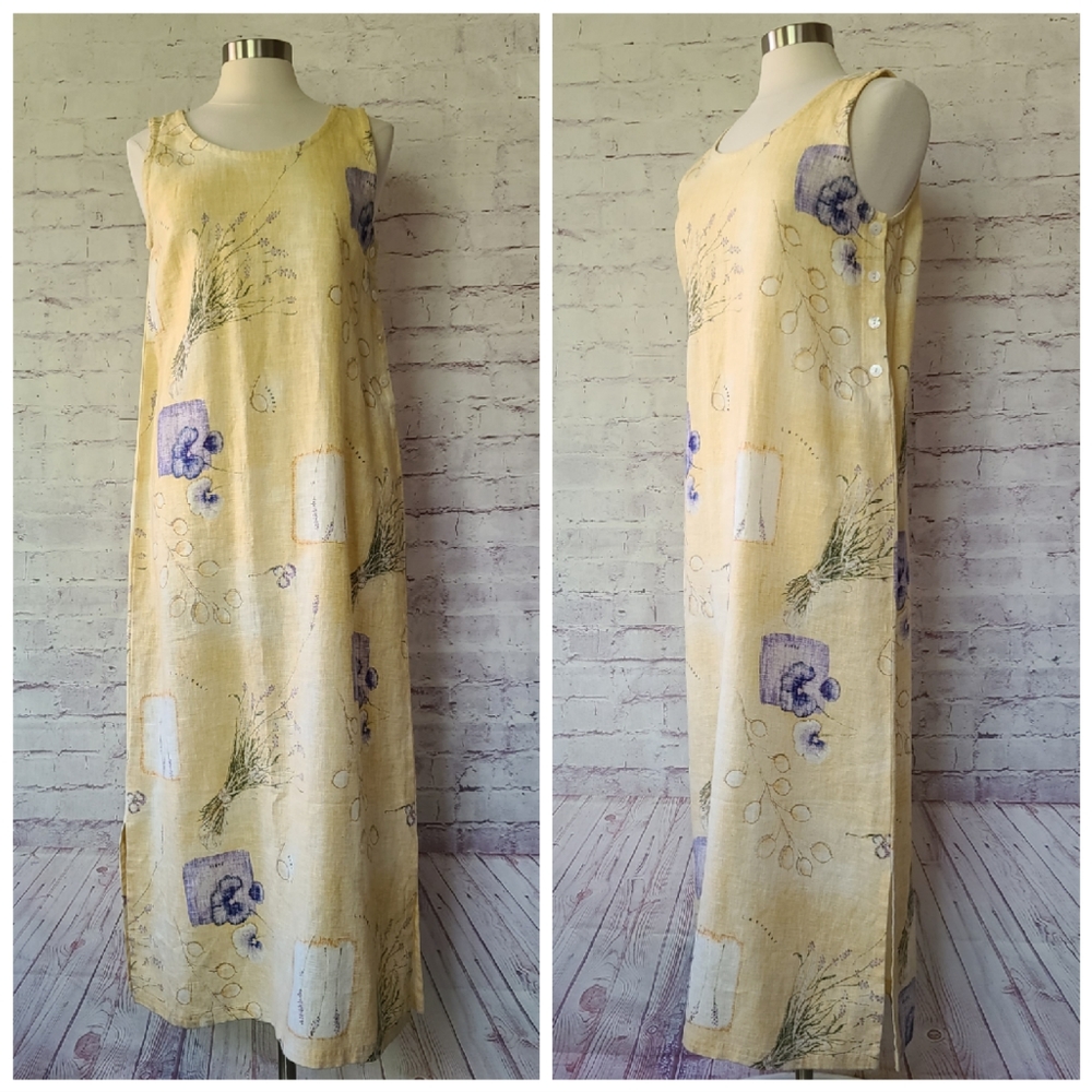 Vintage Sweet Jessie Yellow Botanical Print 100% Linen Tank Maxi Dress Medium - Picture 4 of 10